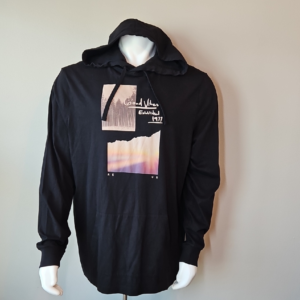 American Eagle Outfitters Black "Good Vibes" Long Sleeve Graphic Hoodie - Size L